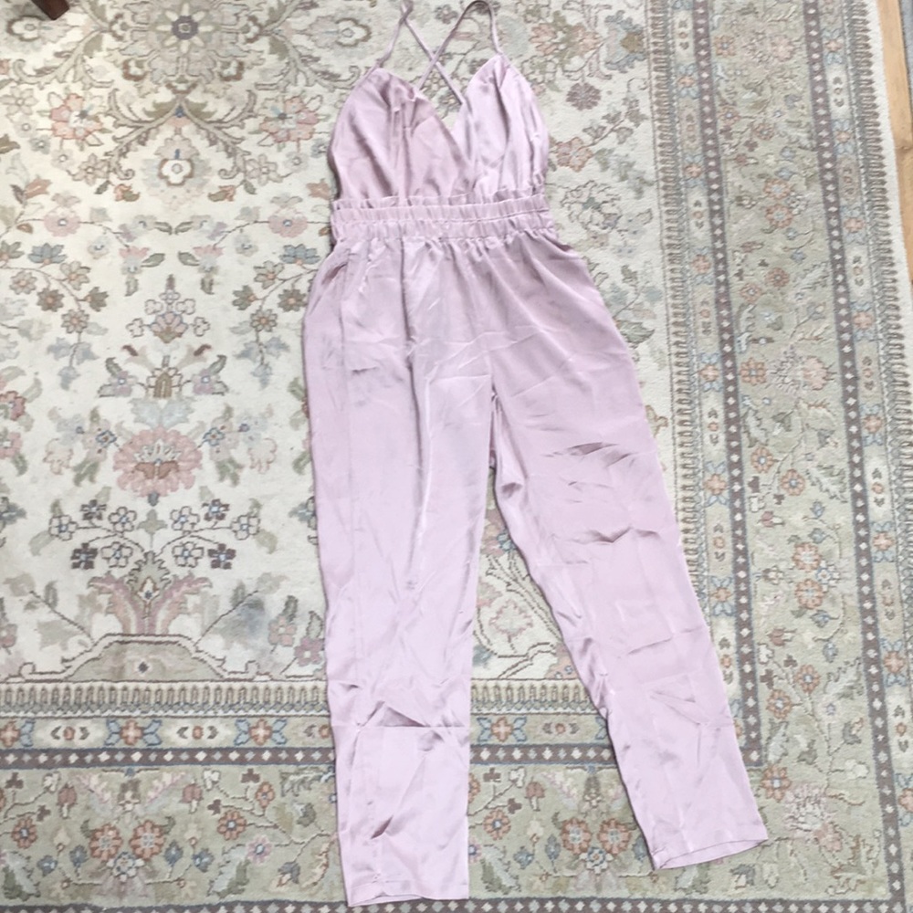 Pink satin spaghetti cross strap jumpsuit/romper